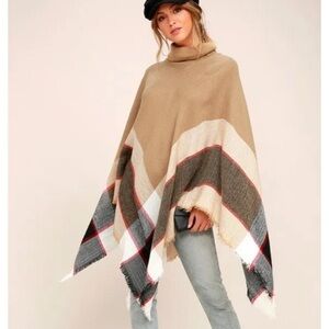 Lulu's Sled Ride Beige Plaid Poncho One Size